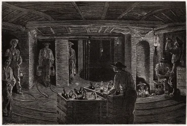 Morgenmad i minen, distribution og forbrug af kurve-måltider til minearbejdere i kulminegallerierne i Creusot. Gravering til illustration af en rejse til Creusot og minerne i Saone og Loire, i 1865, af L. Simonin, i "" Le tour du monde, no.