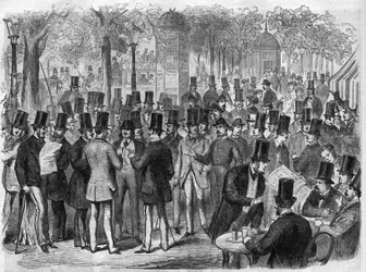 Mæglere nær den lille Bourse du Boulevard des Italians i Paris, Frankrig. Indgravering i "The Illustrous Universe"