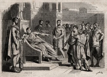Brutus dømmer sin søn til døden - Brutus (Marcus Junius Brutus, 85-42 f.Kr.) dømmer sine sønner til døden - indgravering i "" Dictionnaire populaire illustrious" - 1864 - af Joseph Decembre og Edmond Allonier -