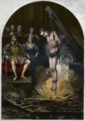Brændkammer (retten) Under kong Henrik II (1519-1559) i nærværelse af Catherine de Medicis (Caterina de Medici). Indgravering fra 1842 i "Histoire des popes"" af Maurice Lachatre. Privat samling.