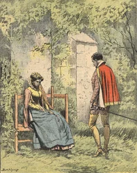 Bussy og Diane, kendt som Madame de Monsoreau, i Kirkens have klar. Illustration af romanen "La Dame de Monsoreau" af Alexandre Dumas i "Journal des novels populaires illustrés"