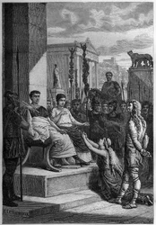 CHAMACUS FANGEN - Caratacus (Caratacos, Caratacus) i fangenskab med sin familie taler til den romerske kejser Claudius (Claude I) (10 f.Kr.-54 e.Kr.) - Indgravering i "L