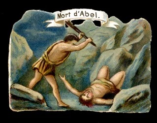 Kain dræber sin yngre bror Abel af jalousi (Adams og Evas børn). Kromolitografi af det 19. århundrede.