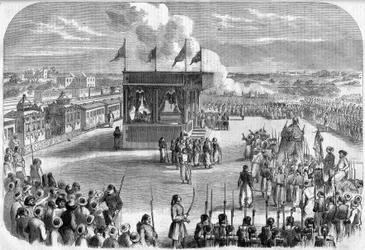 Kairo, afgang fra Mahmal (palanquin dækket med et broderet silkeslør, der symboliserer den osmanniske sultans autoritet), til pilgrimsfærden til Mekka, ved jernbanen, i "Det Illustrerede Univers""