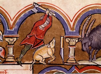 Kalender: november. Grisene bliver slagtet. Detalje af en miniature taget fra "" The Psalter of Saint Elizabeth""" Cividale fra det 13. århundrede, Museo Archeologico