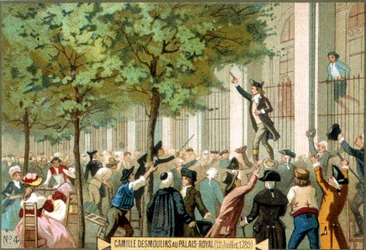 Camille Desmoulins på Palais Royal (12/07/1789). Kromolitografi 1800-tallet. - Den Franske Revolution/Camille Desmoulins opfordrer til en storm på Bastillen, Paris