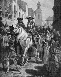 Camisardkrigen (1702-1704): En katolik forsøger at røre camisardernes leder, Jean Cavalier (1681-1740). Nîmes, Gard (30). Stik fra det 19. århundrede. I »Frankrigs historie« af Jules Michelet