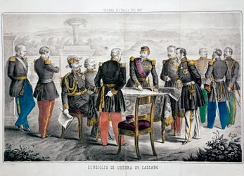 Italiens kampagne 1859: Cassanos krigsråd, der ser mødet mellem Vittorio Emanuele II (Victor-Emmanuel eller Victor Emmanuel) og kejser Napoleon III. Privat samling