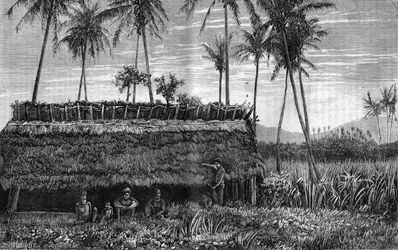 Canaques of New Caledonia (New Caledonia) foran en kasse eller et mødehus. Indgravering i ""La Nature""