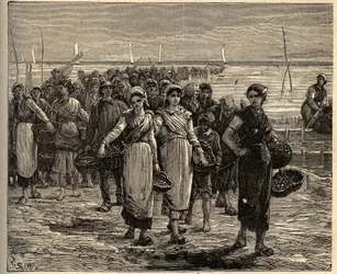 Cancale - Bretagne - Cancalaiserne vender tilbage fra fiskerbådene - - indgravering i "" PATRIE" - PECTUREQUIREQUE BESKRIVELSE AF FRANKRIG I 6 BIND AF LUCIEN HUARD - slutningen af ​​1800-tallet