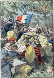 Tilfangetagelsen af Samory Touré (ca. 1830-1900), sudanesisk leder og modstander af den franske kolonisering i Afrika, ved kaptajn Gouraud og løjtnant Jacquin. Sudan