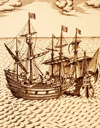 Indfangning af den spanske galeon Cagafuego af den gyldne hind ledet af Francis Drake i marts 1579 (gravering)