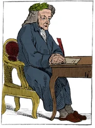 Spillekort fra Den Franske Republik (1793), proklameret i Nationalkonventet den 21/09/1792 efter kongerigernes fald: filosoffens figur med den franske forfatter og filosof François-Marie Arouets, kaldet Voltaire, træk (Franco
