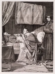 Kardinal Richelieu på fader Josephs dødsleje - gravering