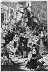 Karneval i Rom: Dr. Pasquins romerske vandretur. Han tilbyder balkonernes damer sine eliksirer. Indgravering i ""Det illustere univers""