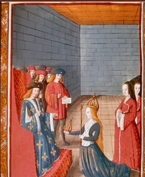 Det karolingiske dynasti: »Den karolingiske konge Karl II, kaldet den Skaldede (823-877), overtager ledelsen af det vestlige rige ved sin far Ludvig den Frommes død i 840.« Miniature fra »Les Grandes Chroniques de France«, 15. århundrede, Torino
