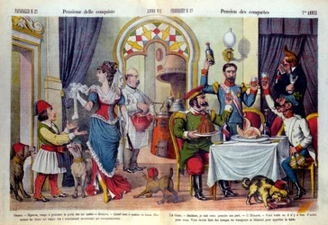Tegneserie af den italienske avis "" Le Parroquet"" (il Pappagallo) om Berlin-kongressen (Congresso di Berlino) i 1878 (Diplomatisk konference). Berlin-kongressen blev afholdt for at gennemgå Ruslands uretfærdighed over for Tyrkiet: tyrkere tvunget til at 