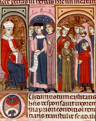 Fejring af et miniatureægteskab fra Justinian Code (Codex Justinianus), en samling love og institutioner omdannet under den romerske kejser Justinian I af Byzans (483-565)