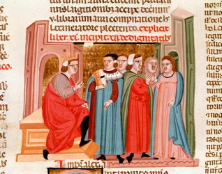 Fejring af et bryllup på kejser Justinians tid (483-565). Miniature taget fra "Justinianus Istitutiones"" Padua fra det 14. århundrede, Biblioteca capitolare