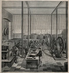 Celluloid: fremstilling af celluloid. Indgravering fra 1885 i "" Les arts et metiers illustres"" af Adolphe BITARD.