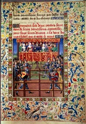 Ceremonier og ordinancer som løfte om kamp: duel i lukket felt mellem to riddere Miniature fra et manuskript af Jean de Rolin (1400-tallet) 1460 Paris, B.N.