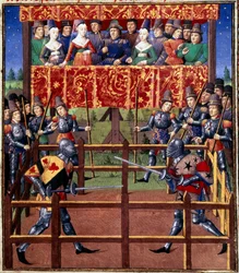 Ceremonier og ordinancer som et løfte om kamp: Duel i lukket felt mellem to riddere miniature fra et manuskript af Jean de Rolin (15. århundrede) 1460 Paris, B.N.