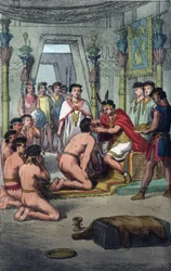 Ceremoni (Ceremoni) i Inca-hovedstaden i Cuzco: Manco Capac (Ayar Manco) giver udmærkelse til blodets fyrster ved at stikke hul i deres ører - gravering fra "Skikke og skikke for alle mennesker i universet. Det er historien om regeringen, lovene, om