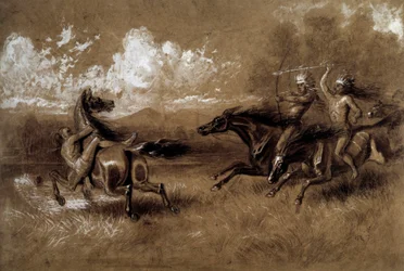 Anklage for indianere, der rider mod en fjende af en anden stamme Anonym tegning fra det 19. århundrede. La Rochelle, New World Museum
