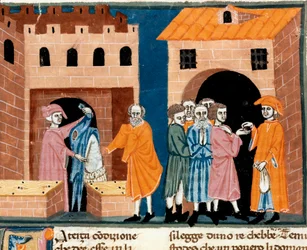 Velgørenhed i middelalderen: "" offentlig bistand"". Scene for velgørenhed og hjælp til de fattige. Miniature af den florentinske skole taget fra den italienske oversættelse af "Pater noster" af den florentinske notar Ser Zucchero Bencivenni, begyndelsen a