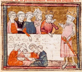 Karl den Store (742-814) og hans nevø rytteren Roland ved en banket, hvor den stakkels Miniature fra "" Grandes Chronicles de France"" 1375-1379 Kommunalbibliotek, Castres