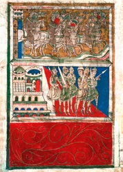 Karl den Store og hans riddere forlader Aachen og tager til Santiago de Compostela Miniature fra "Codex Calixtinus"" (Sankt Jakobs Bog), omkring 1140. fol. 162 v. Arkiv for katedralen i Santiago de Compostela (Santiago de Compostela), Spanien