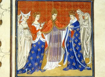Karl IV den smukke og hvide Bourgogne - middelalderens miniature (ref. 512, 345v): Anmodning om tilladelse til Toulouse Kommunale Bibliotek (tlf.: 05 62 27 66 66)