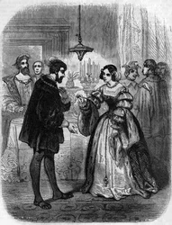 Charles V eller V (1500-1558) med Anne de Pisseleu (1508/1580) hertuginde af Etampes, elskerinde til Francois I med tilnavnet La Belle Feronniere. Indgravering af det 19. århundrede.