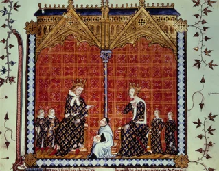 Charles V den Vise og Jeanne de Bourbon, omgivet af deres børn. Miniature fra manuskriptet "" Rational des divins offices""" Folio 1, beskrevet af Guillaume Durand og oversat af Jean Golein
