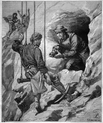 Charles Wiener (1851-1913) fransk opdagelsesrejsende og diplomat, der udforsker en gravhule i Peru - indgravering i "" journal des voyages""" 1887