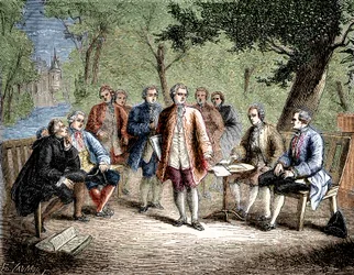 Charles de Secondat Montesquieu med det videnskabelige cenacle på Castle Clairac, Frankrig - Det videnskabelige cenakel på slottet de Clairac: Montesquieu og baronen de Secondat, hans, ridderen af ​​Vivens, Romas og Dutilh-brødrene - i "Album de la Science