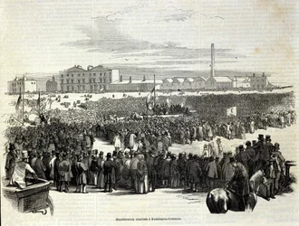 Chartistdemonstration på Kennington Common: en politisk arbejderbevægelse, forløber for socialismen, stik fra 1848