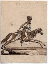 ""Chief (ataman) kosak"" (Ataman af kosakker) Anonym tegning 1818 Dim 11,4x8,2 cm Privat samling