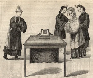 Kinesisk skik: underskrive en ægtepagt. En tablet med navnene på de to ægtefæller lægges på et bord med to duer. Indgravering i ""The Illustrated London News"" af 14. februar 1857.