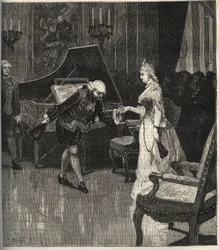Christoph Willibald Gluck før dronningen Marie-Antoinette ved Trianon - Christoph Willibald Gluck (1714-1787), tysk komponist, der spiller foran Dronning Marie Antoinette en Trianon - indgravering i "" Popular Music""" illustreret ugeavis - 1882