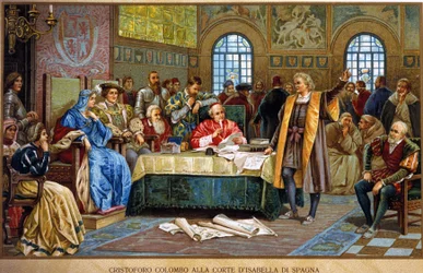 Christopher Columbus ved hoffet til Isabella 1. af Spanien, kaldet katolik eller Castilla. kromolitografi fra det 19. århundrede.