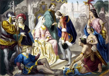 Christopher Columbus før den katolske kong Ferdinand II af Aragon og dronning Isabella 1. af Castilla, da han vendte tilbage fra Amerika