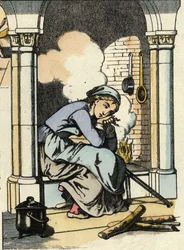 Askepot drømmer om et bedre liv nær køkkenpejsen. Illustration af Charles Perraults fortælling "Askepot eller La petite slipper de verre"