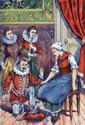 Askepot prøver hjemmeskoen. Anonym illustration til "" Askepot", fortælling af Charles Perrault (1628-1703), fransk forfatter. Billedmateriale Marcel Vagne, Jarville Nancy, udateret (slutningen af det 19. århundrede).