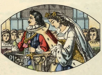 Askepots bryllup med prinsen. Illustration af Charles Perraults fortælling "Askepot eller La petite slipper de verre"