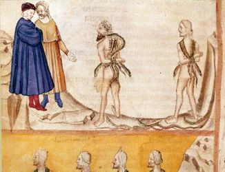 Tyvenes kreds: Vanni Fucci (13. århundrede) forudsiger Dante og Vergil de hvide guelfers nederlag. Illumineret side, der illustrerer 24. sang i Helvede, fra “Den guddommelige komedie” af Dante Alighieri (1265-1321). 14. århundrede, Venedig, bibliotek