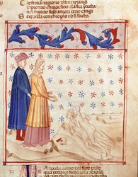 Circle of Traitors: Dante og Virgil møder Ugolino della gherardesca, tyran i Pisa og fordømmer for forræderi mod hjemlandet, han slår lederen af Archeveque Ruggeri. Oplyst side, der illustrerer den 33. helvedesang, henter fra "Divina Commedia"