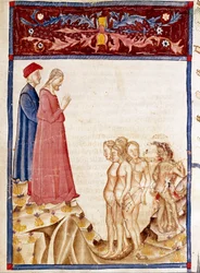 Circle of Traitors: Dante og Virgil møder sjælene fra velgørernes forrædere. Oplyst side, der illustrerer den 34. helvedes sang, stammer fra "Divina Commedia" af Dante Alighieri (1265-1321). 1300-tallet, Venedig, Biblioteca Marciana