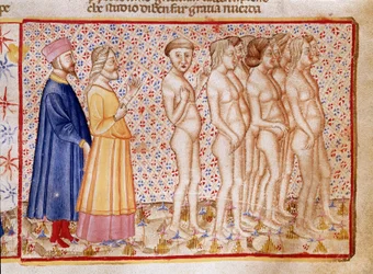 Cirkel af vold mod Gud, natur og kunst: Dante og Vergil møder blasfemikere. Den oplyste side, der illustrerer en helvedesang, stammer fra "Divina Commedia" af Dante Alighieri (1265-1321). 14. århundrede, Venedig, Biblioteca Marciana
