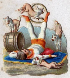 Cirkus: en tæmmer af dyr, der fanger, har hunde, inklusive en der passerer i en bøjle. Kromolitografi omkring 1890.